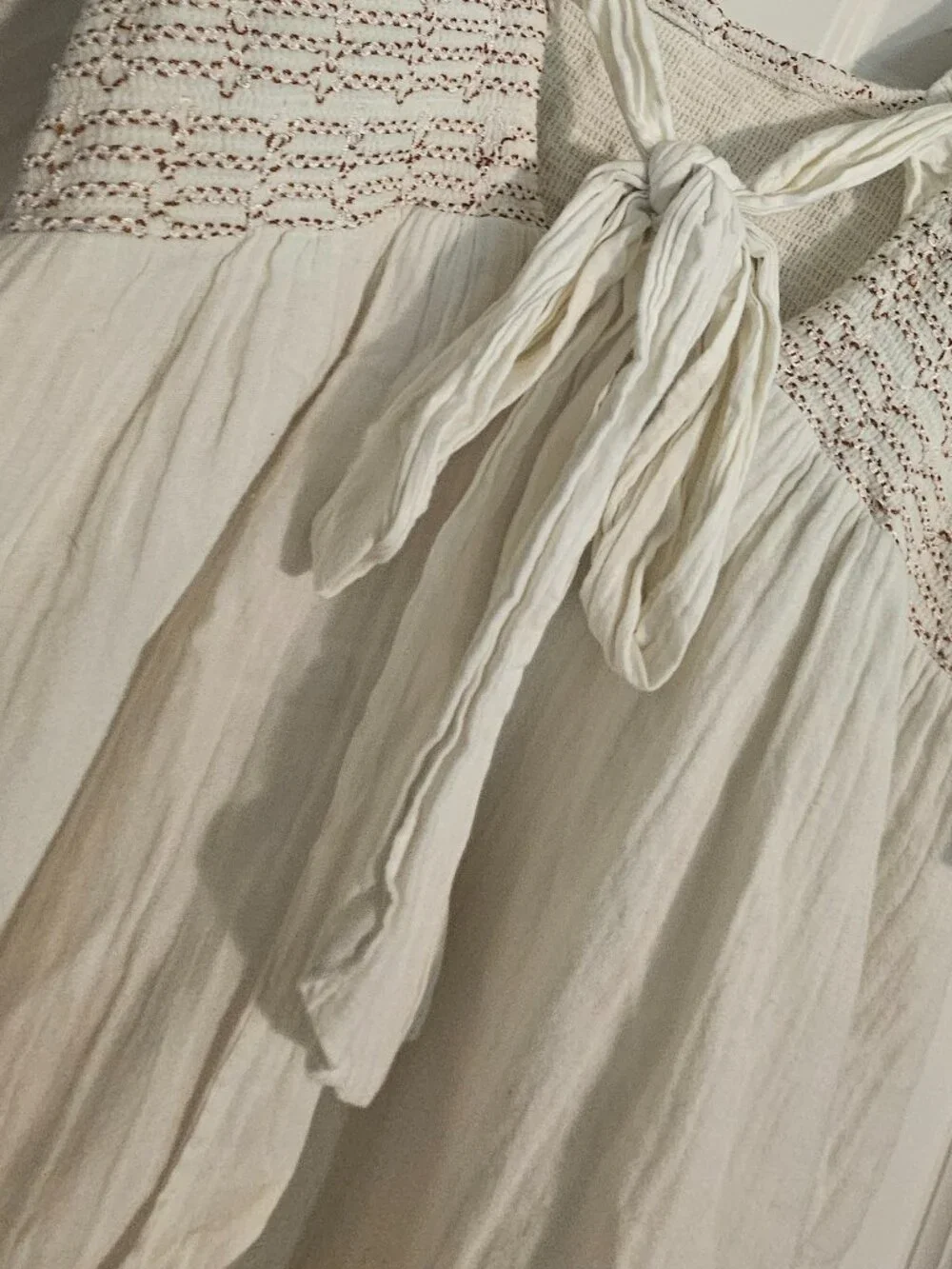Free People Ivory Cotton Gauze Smocked Tie Back Mini Dress Size Small